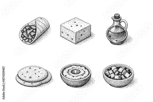Detailed halftone illustrations of middle eastern foods and condiments
