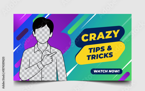 Creative Vector Banner for YouTube Tips and Tricks Video featuring Vibrant Green and Purple Slanted Geometric Shapes and Modern Typography for High Engagement Digital Content Creators