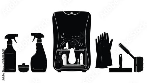 Cleaning supplies and equipment in black silhouette
