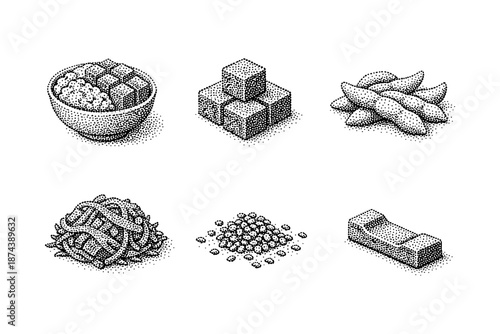 Halftone style vegan protein sources: tofu, tempeh, soybeans, seitan, edamame, lentils