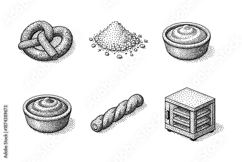 Vintage bakery icons with pretzel, flour, bread, and oven in stipple art style