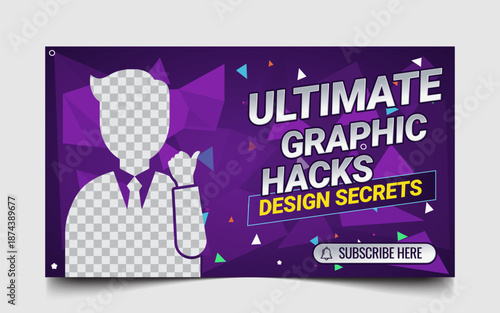 Professional YouTube Thumbnail Vector Illustration for Graphic Design Tutorials and Business Secrets featuring Modern Purple Abstract Geometric Background and Bold Silver
