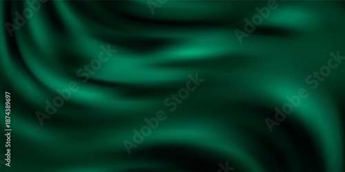 Green drapery silk fabric luxury background. Wavy abstract satin cloth vector texture pattern. Smooth shiny drape material curtain. Elegant velvet curve motion image realistic horizontal design.