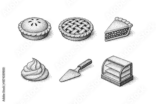 Halftone bakery icons: pies, cake slice, and bakeware set