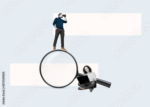 A woman with a laptop and man with binoculars on a big magnifying glass. Art collage. Searching for information on the internet concept.