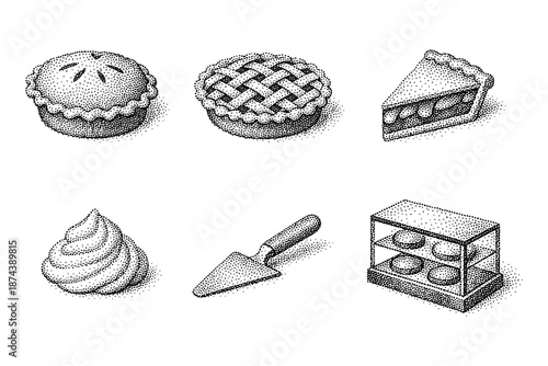 Vintage bakery elements in dotwork style with pies, trowel, cream, and display case