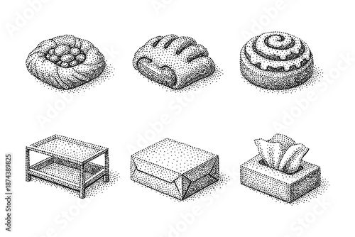 Set of six hand-drawn stipple style icons featuring bakery items and household objects