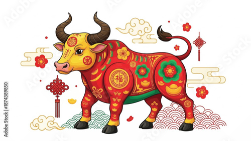 Colorful decorative ox illustration with traditional patterns and festive symbolism.
