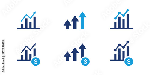 Business growth and finance icon set with dollar currency sign showing charts, arrows, analytics, statistics, and profit symbols for dashboards, apps, and reports.