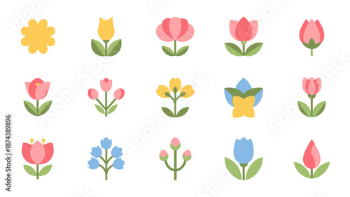 Collection of Various Colorful Cartoon Flowers.