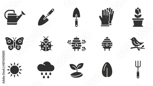 Gardening Icons Set with Tools and Insects.