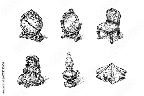 Vintage dot art collection featuring clock, mirror, chair, doll, lamp, and fabric