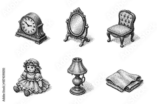 Vintage dot style home decor collection featuring classics like dolls, clocks, and mirrors