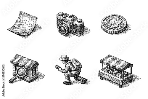 Vintage isometric dot art icons: travel, shopping, currency, photography, market