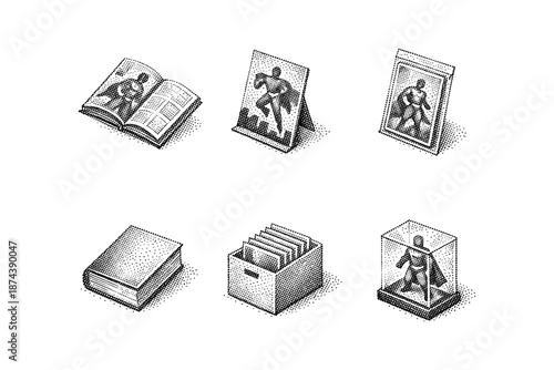 Vintage comic book collection display in retro halftone style