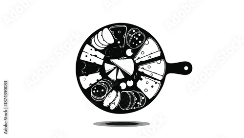 Black and white illustration of a pizza cut into slices