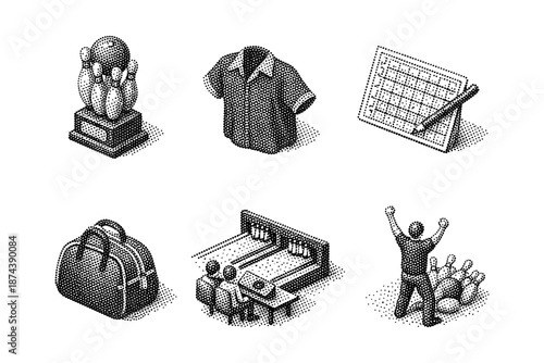 Retro bowling icons set featuring shirt, trophy, and scorecard in halftone isometric style