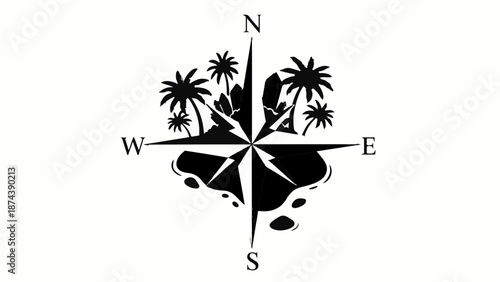 Tropical island paradise symbol with compass rose, representing adventure and travel.
