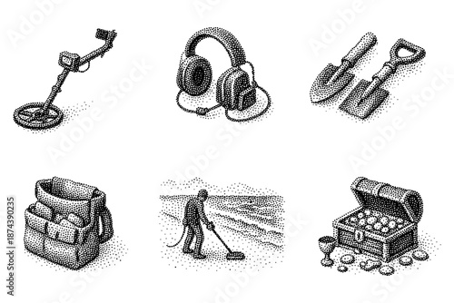 Retro dotted treasure hunt theme with metal detector and accessories