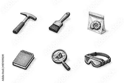 Retro halftone tools and adventure icons set with hammer and brush