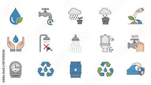 Water Conservation Icons Set for Environmental Awareness.