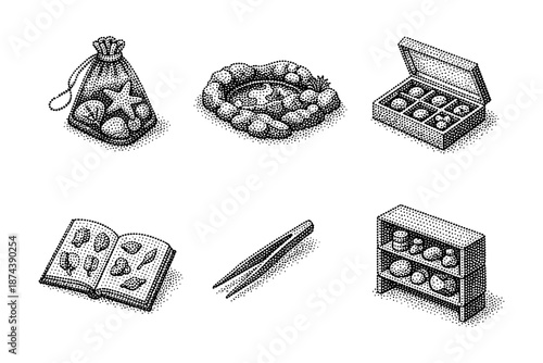Isometric dot art: seashell bag, aquarium, jewelry box, open book, tweezers, and cabinet