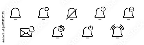 Editable stroke notification bell icon set showing ringing bell, alerts, mute, important, message, settings, and activity states for UI and apps.