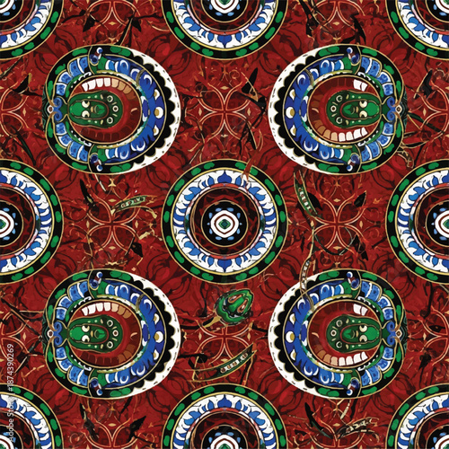 Abstract kaleidoscopic pattern featuring circular motifs and roulette-like wheels on a crimson background.