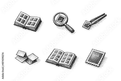 Detailed engraving digital stamp collection with books and magnifying glass