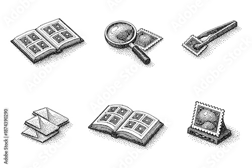 Vintage philately elements with stamps and magnifying glass in pointillism style