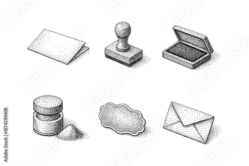 Elegant halftone design elements featuring mailing and office supplies