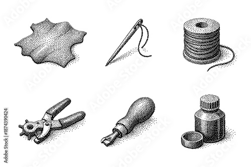 Vintage engraving style leatherworking tools and materials set