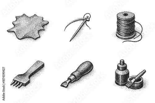 Vintage leather crafting tools with stipple texture on white background