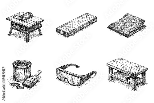 Vintage stipple art of woodworking tools and materials collection