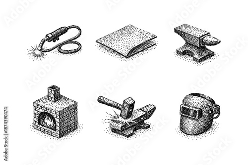 Vintage blacksmith tools: anvil, forge, welder in stipple style art