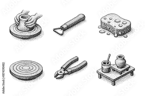 Handcrafted pottery tools and materials in detailed stipple art design
