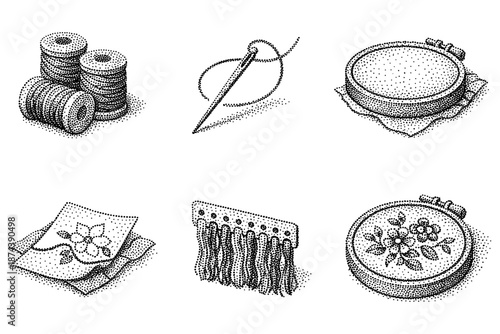 Vintage embroidery tools in dotwork style: needles, threads, hoops, patterns, tassels