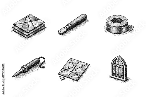 Architectural tools and supplies in detailed halftone style for creative projects