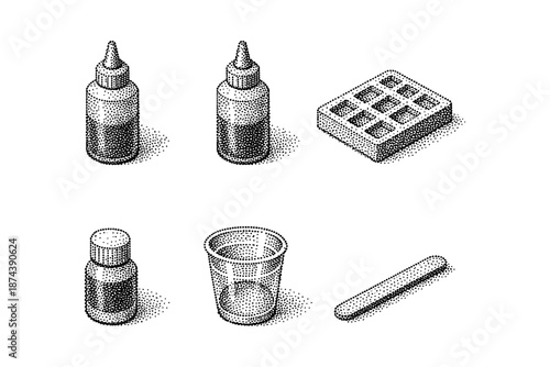 Halftone laboratory supplies: dropper bottles, grid, beaker, stirrer in monochrome design