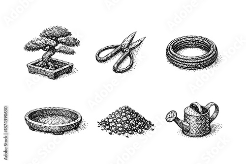 Vintage gardening tools and bonsai art in stipple style for nature enthusiasts