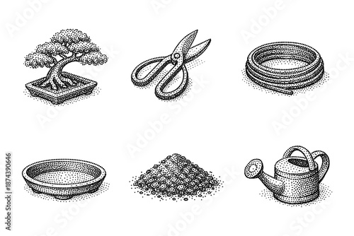 Vintage halftone garden tools and bonsai collection for horticulture enthusiasts