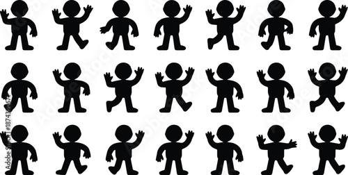 Playful Human Silhouette Waving Hello Gesture Set, Minimal Flat Vector People Icons, Friendly Greeting Poses Bundle