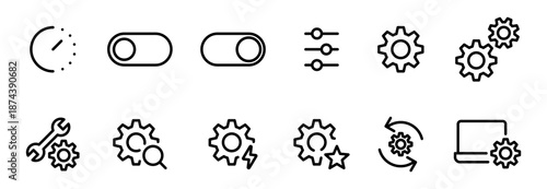 system settings icons including toggles, sliders, sync, gears, sliders, repair, tools, and controls for UI, apps, and dashboards. editable stroke