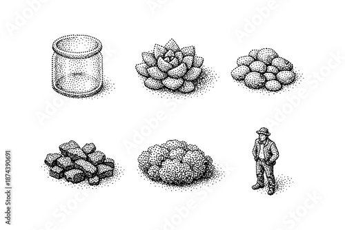 Stipple art: diverse objects and figures in intricate dotwork design