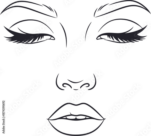 Minimalist line art drawing of a woman s eyes and lips