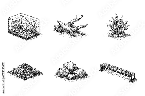 Stippled aquarium and natural decor elements in detailed halftone style