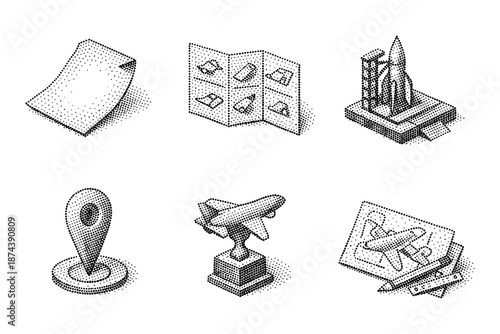 Retro isometric travel icons featuring plane, map, and location marker in halftone style