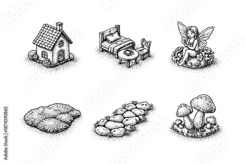 Whimsical stippling art: enchanted fairy tale elements in dotwork style