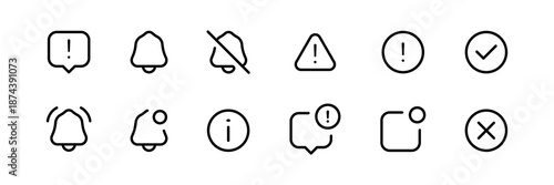 Editable stroke alert and notification icon set with bells, warnings, info, success, and error symbols for UI apps and website