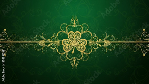 A gold floral design on a dark green background with elegant swirling patterns